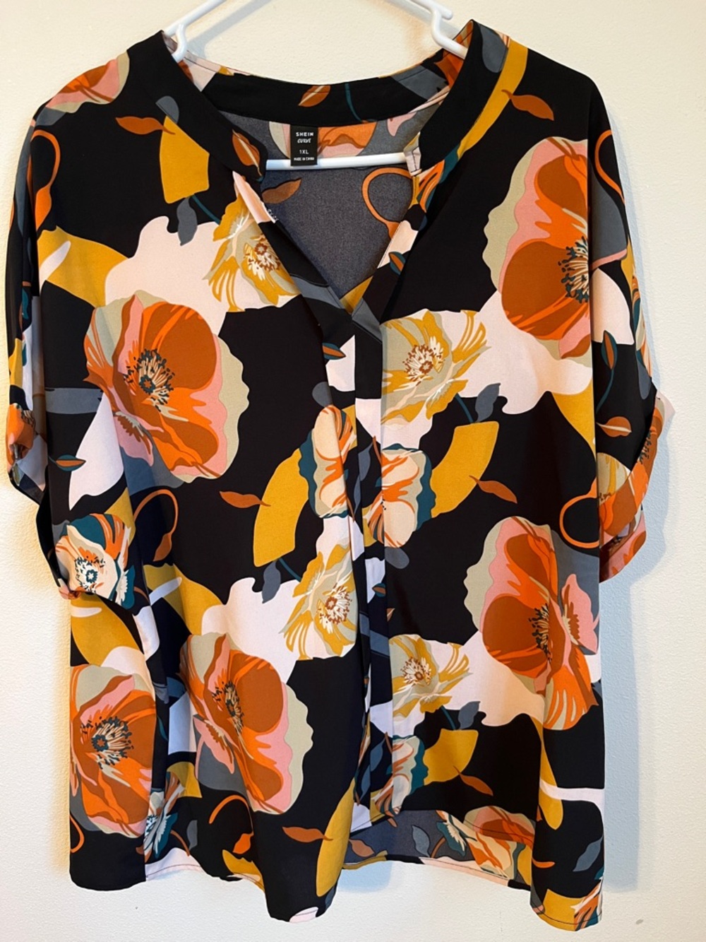 SHEIN Black Floral Split-Neck Blouse with Orange and Pink Blooms